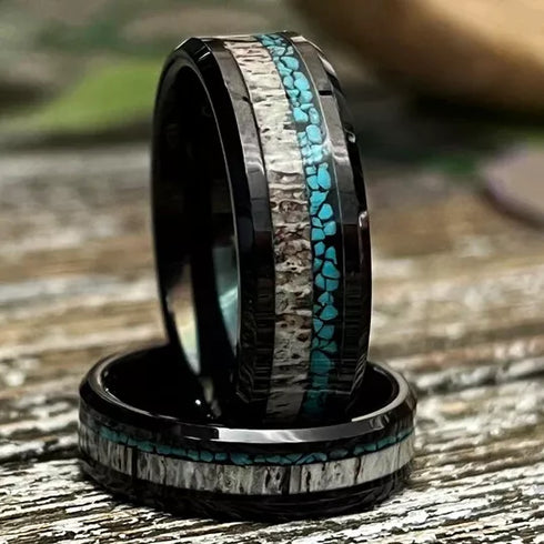 Men's 8mm Tungsten Deer Antler Crushed Turquoise Black Engagement Wedding Band
